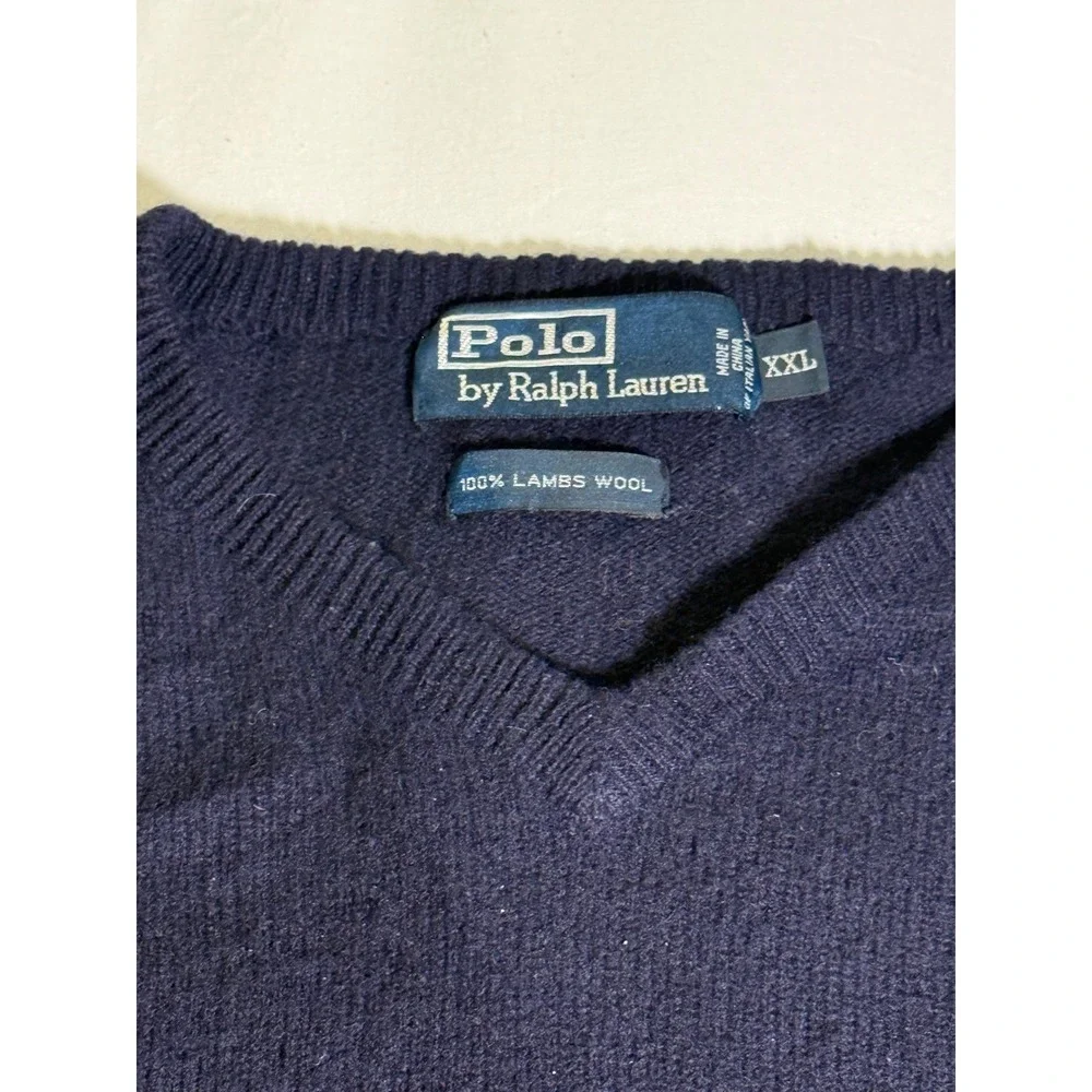 Polo Ralph Lauren Navy‎ Blue V Neck Lambswool Sweater Mens XXL Classic Preppy
